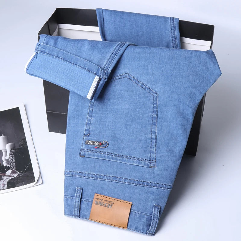 2023 Spring/summer Thin Denim Straight Cotton Stretch Jeans Men Business Casual Cloth  High Waist Ice Silk  Lightweight Trousers ATFH