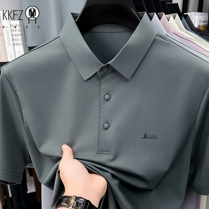 Men's Casual Polo T Shirt Short Sleeve Elastic Breathable Tops For Business Office Daily Wear Summer Lightweight Blouse