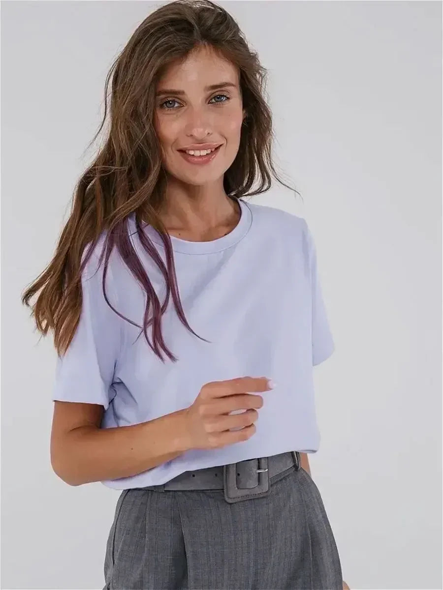 Bornladies Summer 100% Cotton Women's T-shirt Bottoming Basic Fashionable Solid Lady Short Sleeve Loose Tops Shirts 230g/㎡ Tops - ATFH