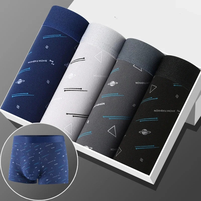 4Pcs/Lot Men's Underwear Sexy Boxer Comfortable Soft Fashion Trend Line Print Intimate Boxer 3D Pouch Sports Breathable Boxers