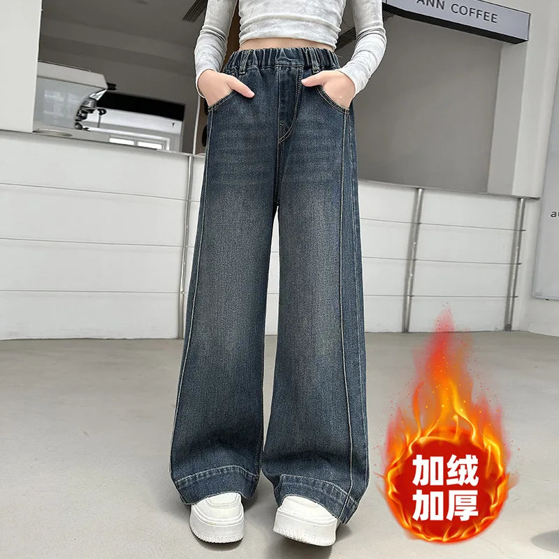 New Girls Fleece Lined Jeans Autumn Winter Thick Warm Kids Straight Leg Trousers Children's All-In-One polar fleece Denim Pants ATFH
