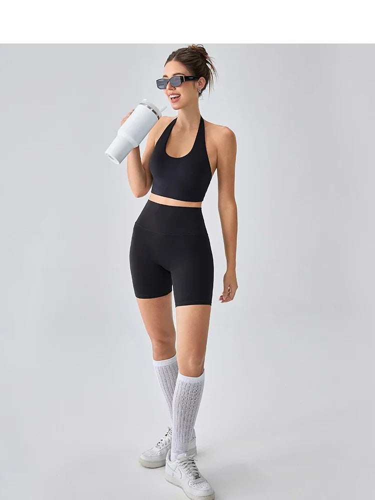 Solid Color Sexy Backless Halter Neck Sport Bra Breathable Shockproof Running Yoga Tank Top With Chest Pad Gym Sports Yoga Vest - ATFH