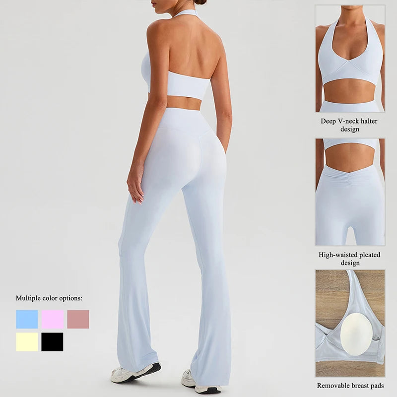 Hearuisavy 2Pcs Women's Sports Set Sun Protection Quick-Dry Tennis Skirt High Waist Yoga Flared Pants Gym Running Fitness Shorts - ATFH