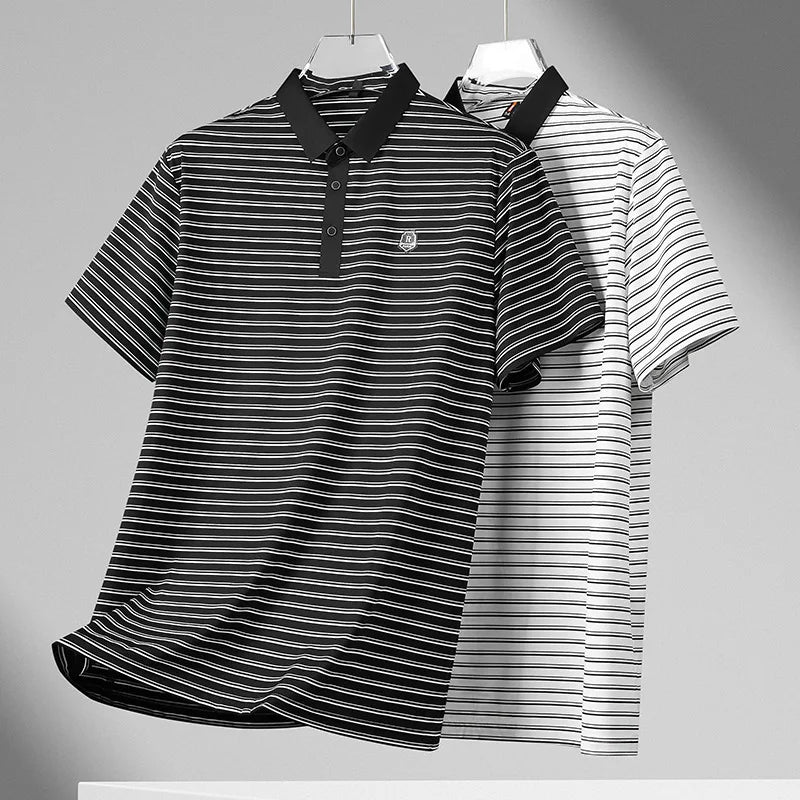 Minglu High Elasticity Summer Striped Male Polo Shirts Luxury Short Sleeve Ice Silk Business Golf Casual Man Tees Plus Size 8XL