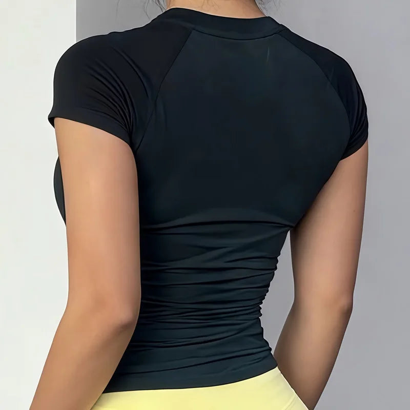 HISTELLO Sport Short Sleeve Top Women Gym Yoga Top Workout Clothes Sports T Shirt Fitness Activewear Running Tight Tops - ATFH