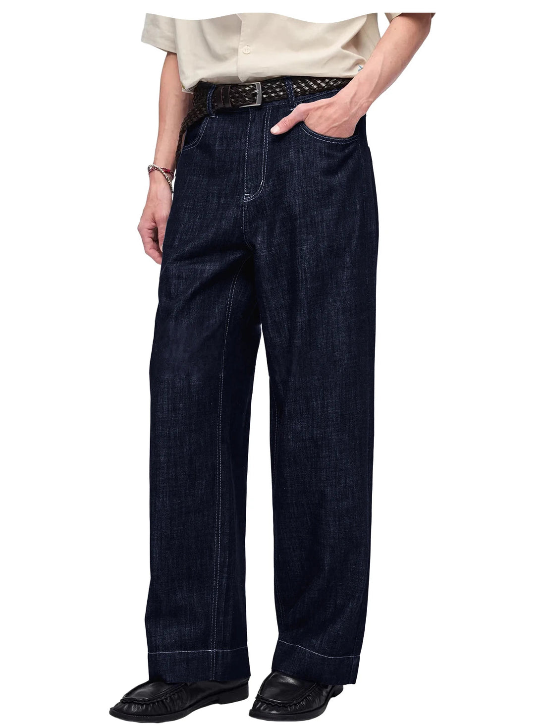 Retro Men's High Waist Wide Leg Jeans Loose Fit Denim Pants Breathable Casual Stretchy Heavyweight Cotton Y2K Baggy Trousers ATFH