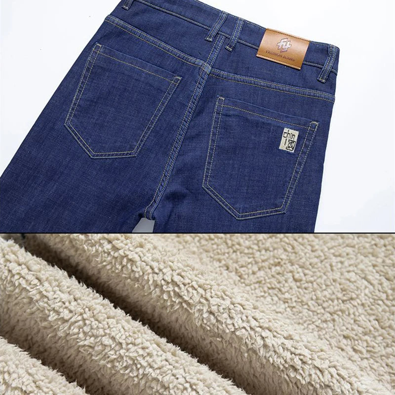 Men Winter Thermal  Loose Straight Jeans Male Fashion Snow Warm Plush Fleece Denim Pants Classic Simplicity Blue Black Trousers ATFH