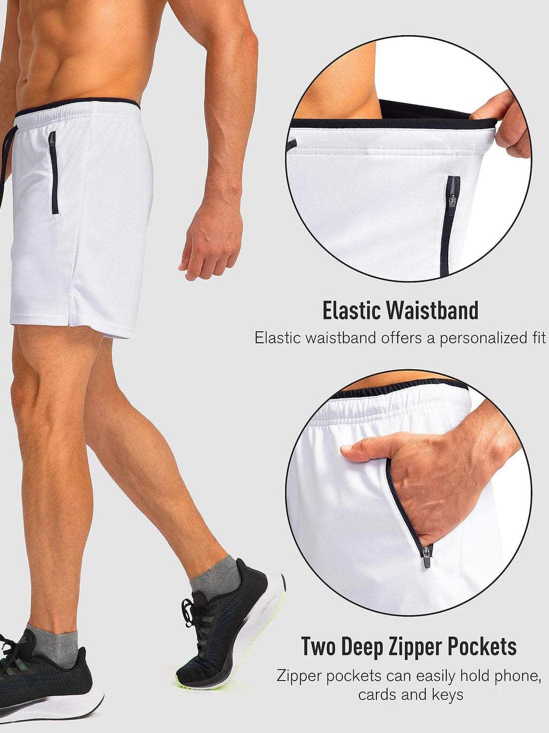 Men's running shorts with zippered pockets, quick-dry, suitable for gym workouts, 5-inch men's shorts