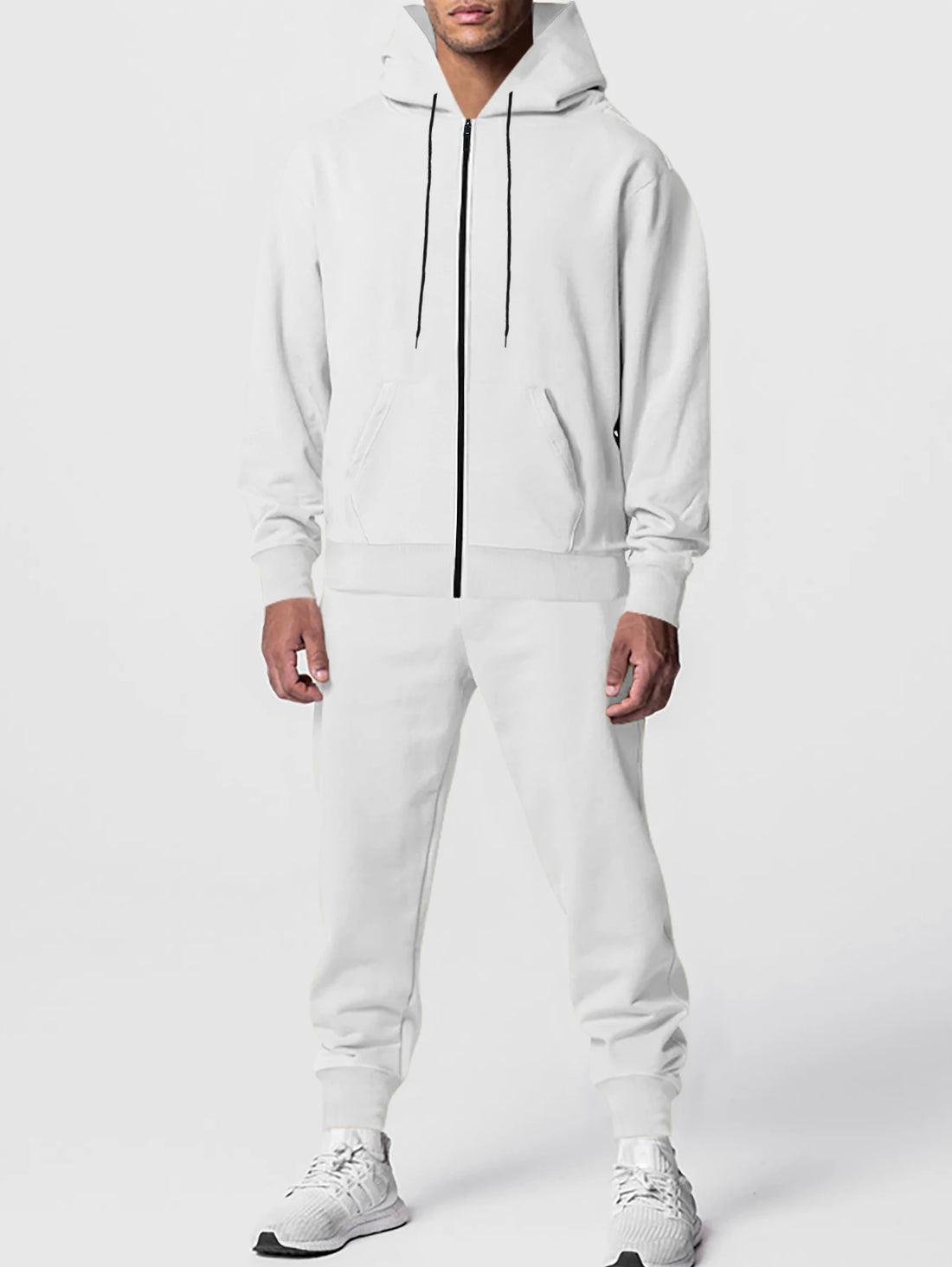 Autumn and winter men's solid color long-sleeved trousers hooded sports casual fleece suit warm and comfortable men's clothing - ATFH