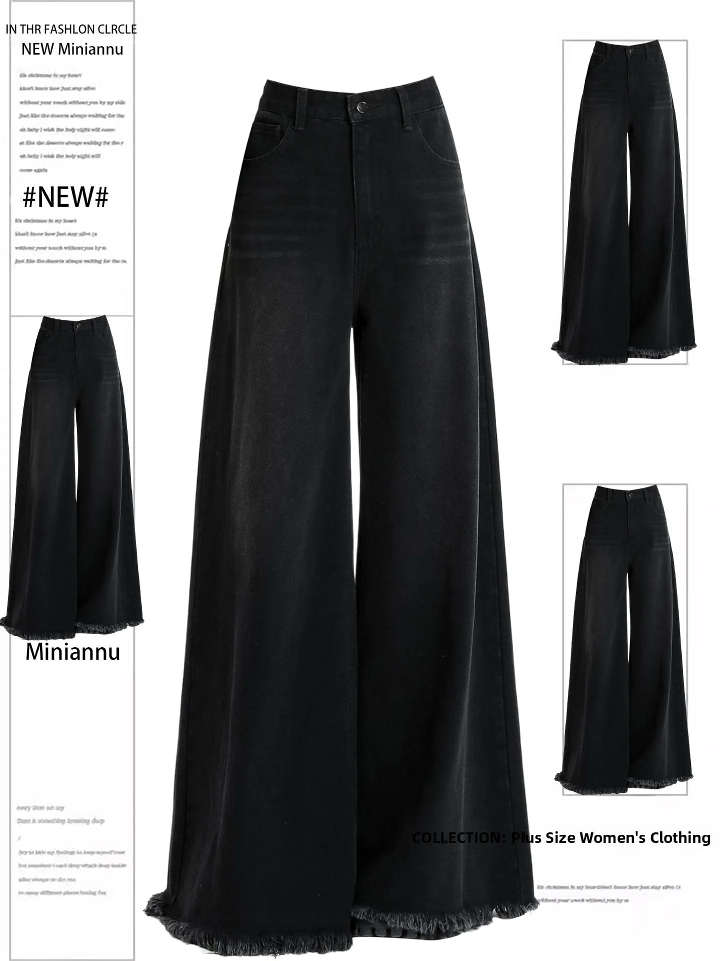 American Retro Black Frayed Wide Leg Jeans Women plus Size Loose Slimming Not Fitting Design Long Pants High Waist Denim
