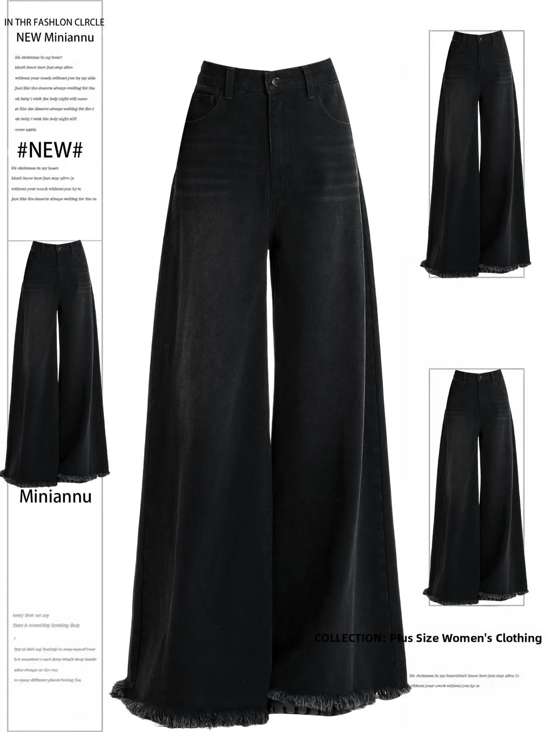 American Retro Black Frayed Wide Leg Jeans Women plus Size Loose Slimming Not Fitting Design Long Pants High Waist Denim