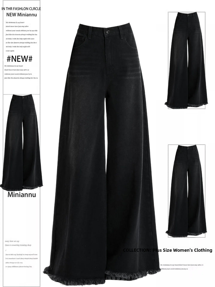 American Retro Black Frayed Wide Leg Jeans Women plus Size Loose Slimming Not Fitting Design Long Pants High Waist Denim