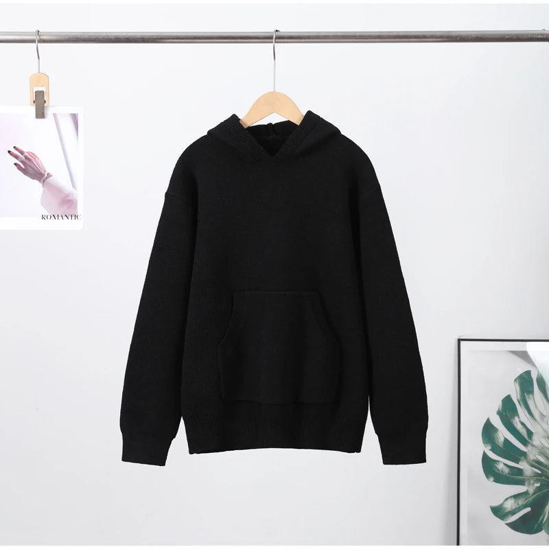 Casual Hooded Sweater Pullover Women's Loose Full Sleeves Knitted Coats With Pockets 2025 New Autumn Winter Ladies Solid Outwear - ATFH