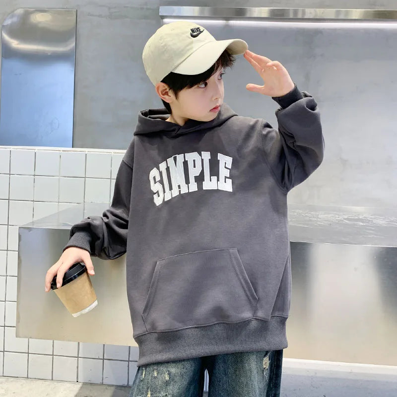 Children Retro Design Hoodie Letter Print Boy Casual Hooded Coat Streetwear Kids Teenager Autumn Harajuku Sweatshirt 7 To 16 Y - ATFH