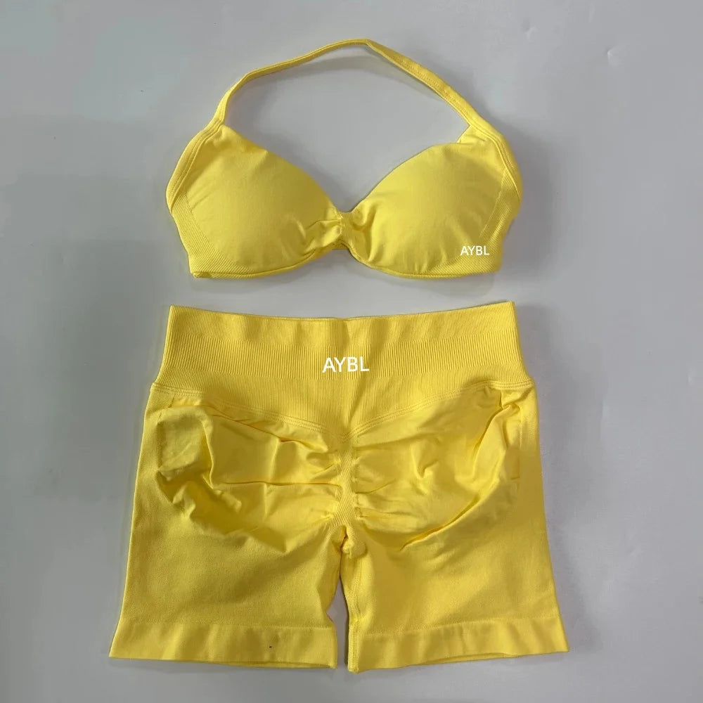 Trendy 2PCS Gym Set Women Strappy Yoga Bra Top High Waist Workout Scrunch Shorts Sports Suit Seamless Yoga Set Fitness Clothes Tahsi Fashion House