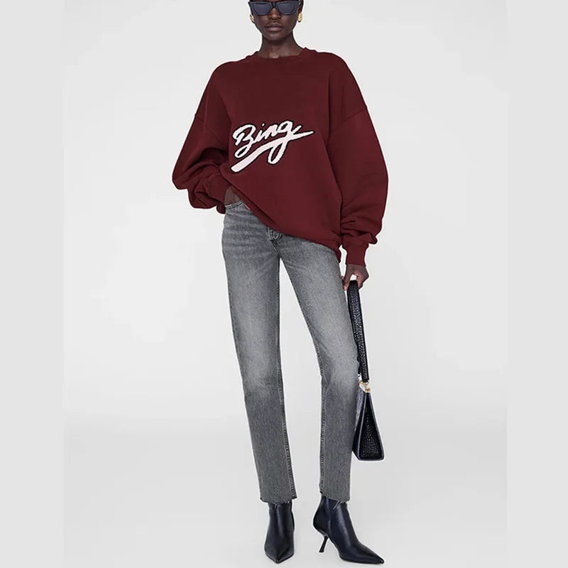 Winter new North American niche AB art word hand cranked special embroidery fleece round neck women's sweatshirt - ATFH