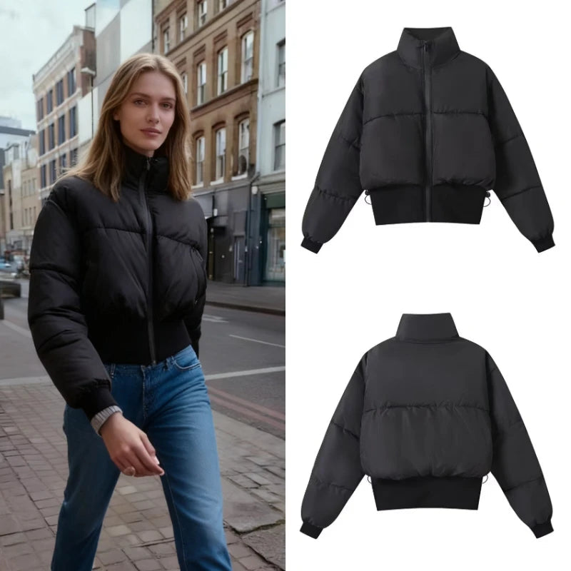 2025 Winter New Hot Selling Stand up Collar Street Style Short  Waist Cinched Thick Cotton Jacket for Women ATFH