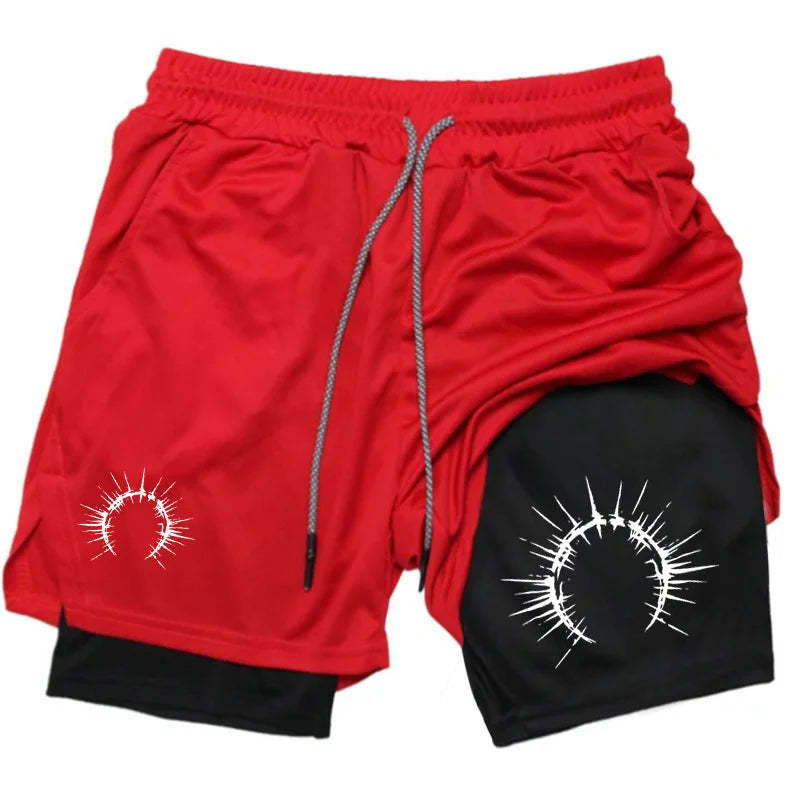 Men's 2-in-1 Shorts Training Fitness Phone Pocket Breathable Quick-Dry Summer Men Shorts Abstract Print