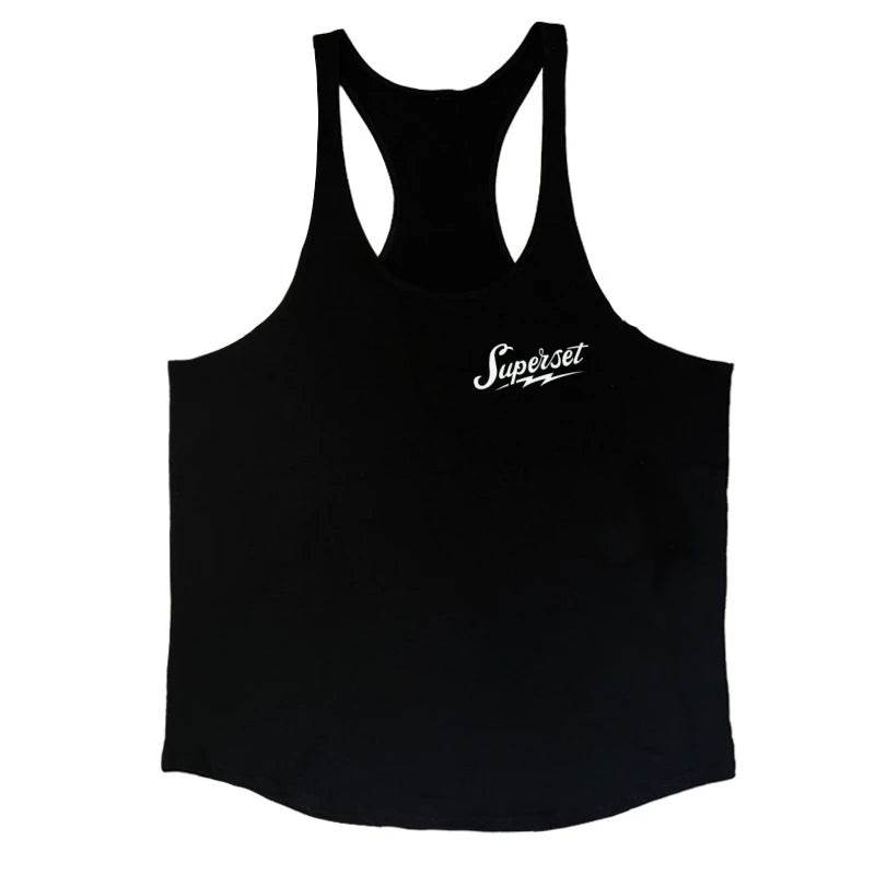 Men's "Superset" Graphic Stringer Vest - Cotton Sleeveless Shirt for Gym Fitness, Bodybuilding & Workout Undershirt