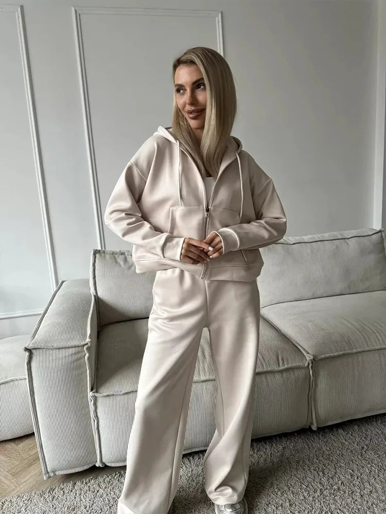 Cotton Hoodies Sweatshirt Two-piece Suit Women Casual Sports Sets Autumn Zip-up Short Coat Straight Trousers Loose 2-piece Sets