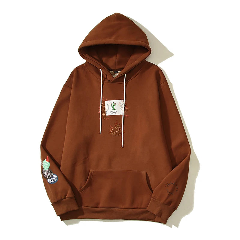Cactus Jack Letter Brown Fleece Hooded Sweatshirts for Men High Street Baggy Casual Hoodies Unisex Oversized Pullover Hoody - ATFH