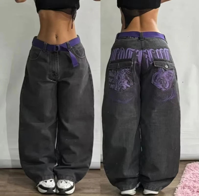 Harajuku Patchwork Cherry Blossom Embroidery Denim Pants Y2K Vintage Women Baggy Straight Wide Leg Jeans Street Men Clothes ATFH