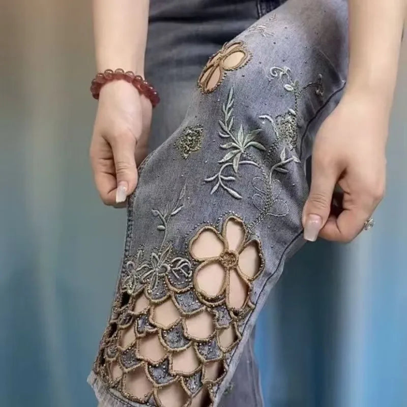women High end hollowed out embroidered denim eight cigarette tube pants 2026 new summer thin high waist stylish denim tube pant ATFH