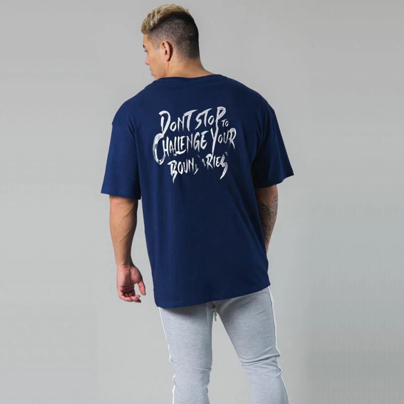 Gym Fitness Shirt Men Running Sport Loose T-shirt Short Sleeve Cotton Tee Tops Summer Male Bodybuilding Training Workout Apparel ATFH