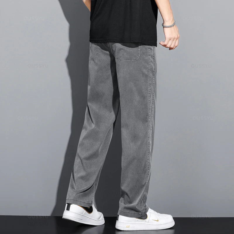Summer Thin Soft Lyocell Fabric Jeans Men Loose Straight Wide Leg Pants Drawstring Elastic Waist Casual Trousers Plus Size M-5XL ATFH