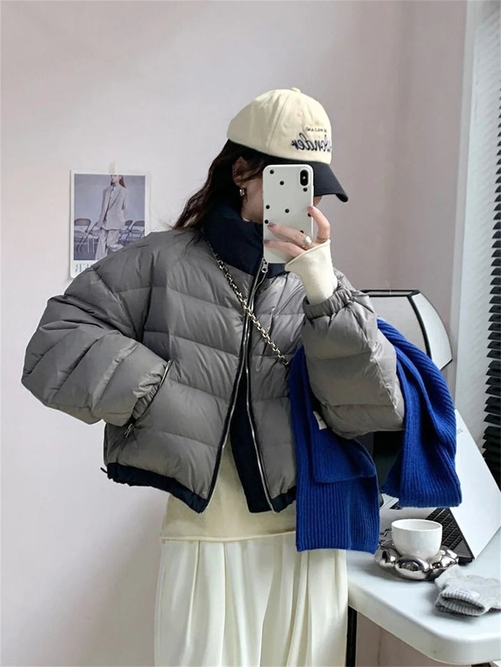 Wearing Down Cotton Jacket onBoth sSides, Women's Short Style Stand up Collar Cotton Jacket for Small People,  Contrasting Color ATFH