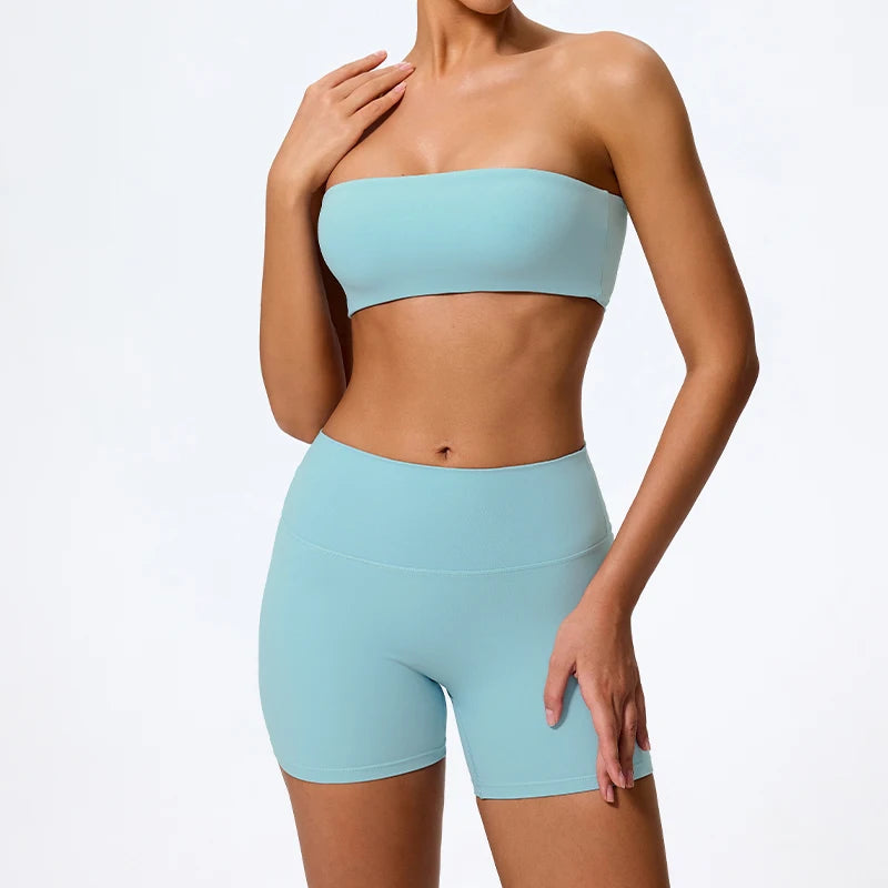 Summer Two Piece Fitness Sports Set Women Workout Yoga Outfit Strapless Bra Woman 2Ps Gym Crop Top Deportivos Mujer Gym Suits - ATFH