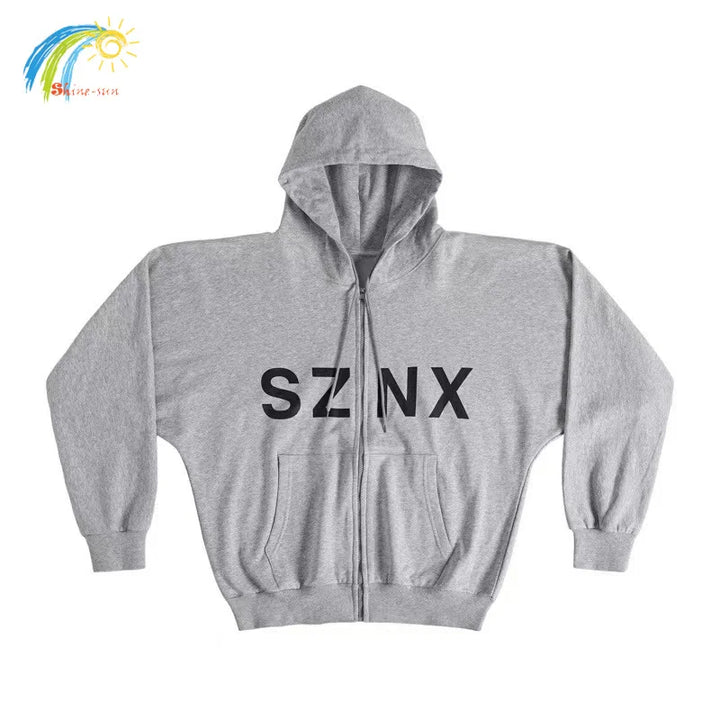 Integrated Cutting Oversized Kanye West Vultures Zipper Hoodie Men Women Simple Letters Print Gray Coats Best Quality Cotton - ATFH