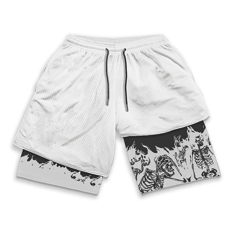 Y2K Gothic Punk Skull Print 2 in 1 Shorts for Men Gym Athletic Performance Shorts with Pockets Summer Workout Fitness Running