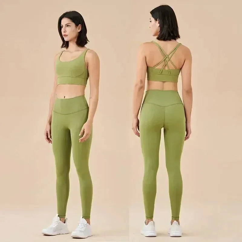 Women's 2 Piece Sports Set - High Waist Booty-Lifting Leggings with Back Pocket & Sports Bra Yoga/Gym/Running Workout Outfit - ATFH