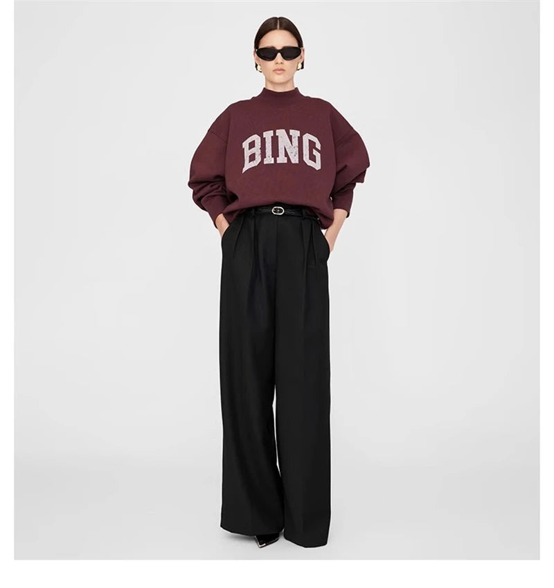 2025 Winter New North American Niche Classic Letter BING Printed Inner Fleece High Neck Loose Women's Sweatshirt - ATFH