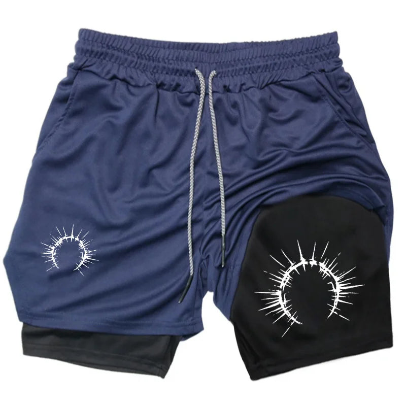 Men's 2-in-1 Shorts Training Fitness Phone Pocket Breathable Quick-Dry Summer Men Shorts Abstract Print