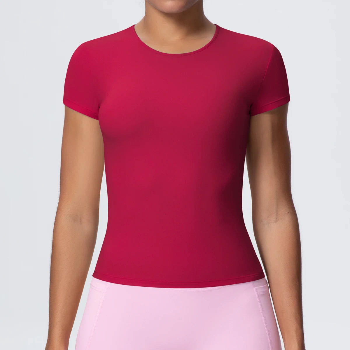 Woman Solid Color Workout Top T-Shirt Quick Drying Breathable Short Sleeve Gym Sports Running Slim Casual Yoga Top Clothing - ATFH