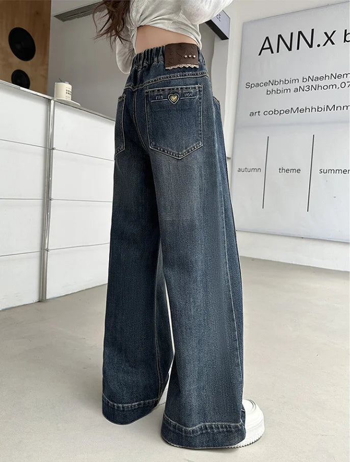 New Girls Fleece Lined Jeans Autumn Winter Thick Warm Kids Straight Leg Trousers Children's All-In-One polar fleece Denim Pants ATFH