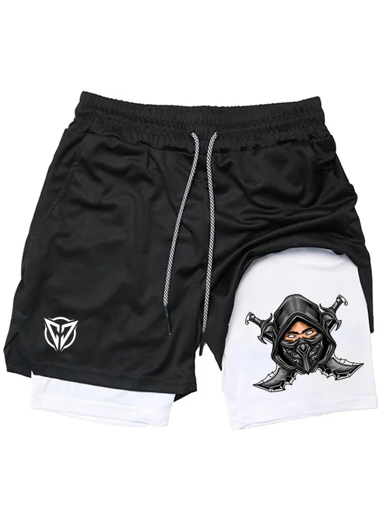 Men's Ninja Graphic 2-in-1 Shorts, Quick Dry Breathable Gym Athletic Workout Streetwear Casual Sports Shorts WX016
