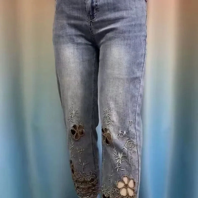 women High end hollowed out embroidered denim eight cigarette tube pants 2026 new summer thin high waist stylish denim tube pant ATFH