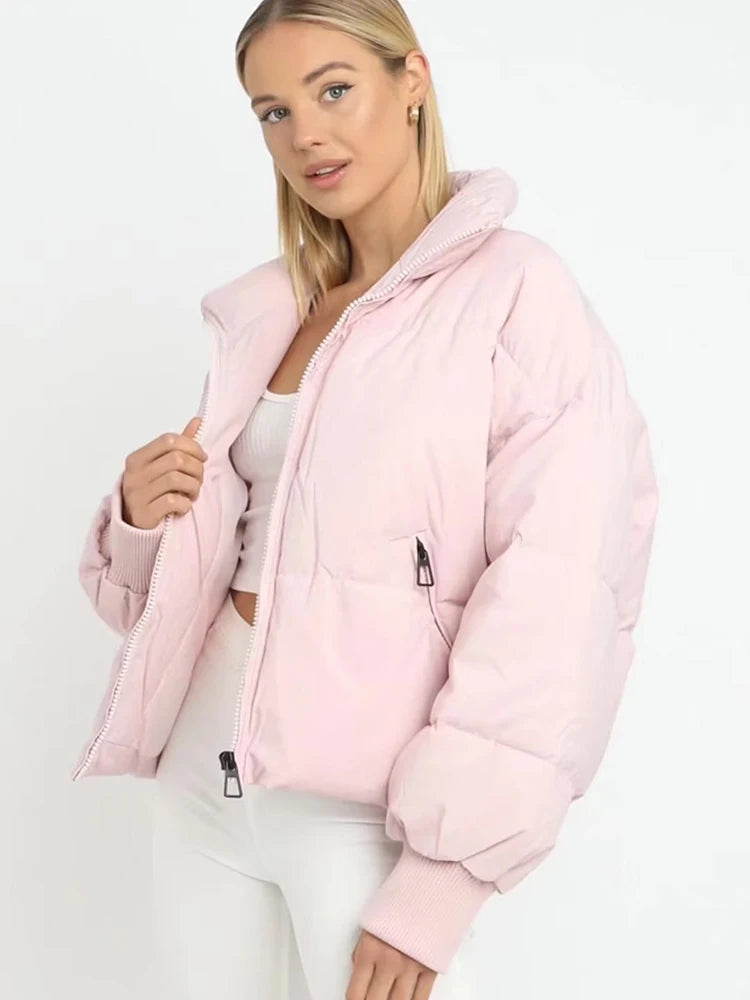 Women's Winter Stand Collar Jacket Baggy Short Padded Down Coats Cropped Puffer Long Sleeve Zipper Coats