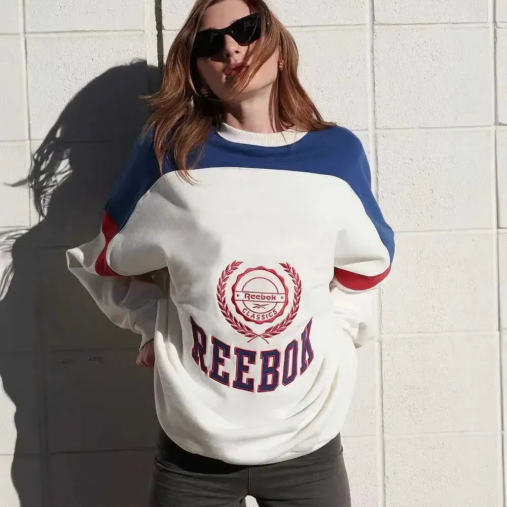 embroidery color blocked women Sweatshirt long sleeve round neck over-sized sweatshirt female autumn winter - ATFH