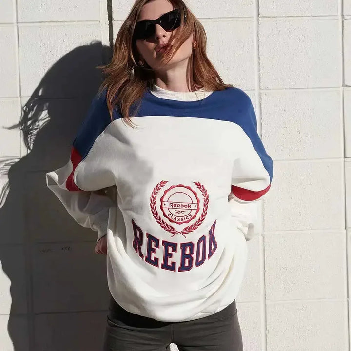 embroidery color blocked women Sweatshirt long sleeve round neck over-sized sweatshirt female autumn winter - ATFH