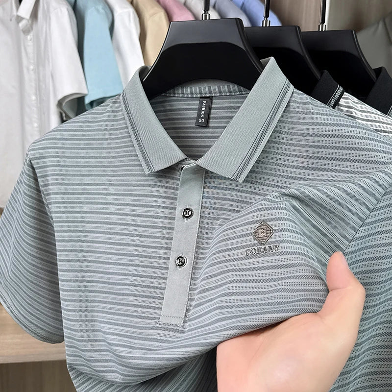 Luxury letter embossed men's polo shirt short sleeve summer new high-quality brand breathable casual fashion striped T-shirt