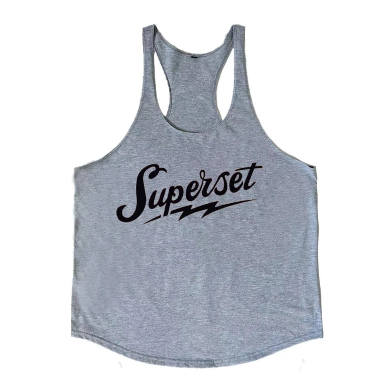 Men's "Superset" Graphic Stringer Vest - Cotton Sleeveless Shirt for Gym Fitness, Bodybuilding & Workout Undershirt