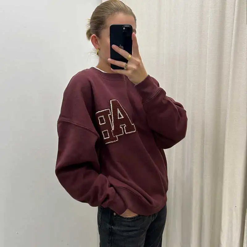 Oversized Sweatshirt Dark Burgundy Pull-on styling flocking letters detail Ribbed trim fleece sweatshirt women autumn winter - ATFH
