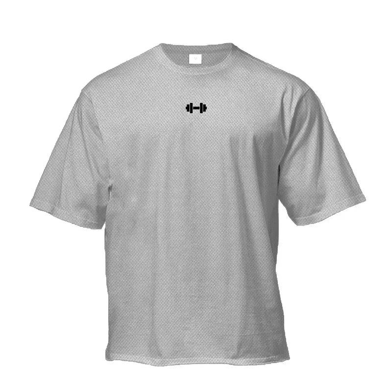 Oversized Loose Gym Clothing Mesh Quick Dry Bodybuilding Fitness Men Short Sleeve Barbell print Sport Streetwear Workout T-Shirt ATFH