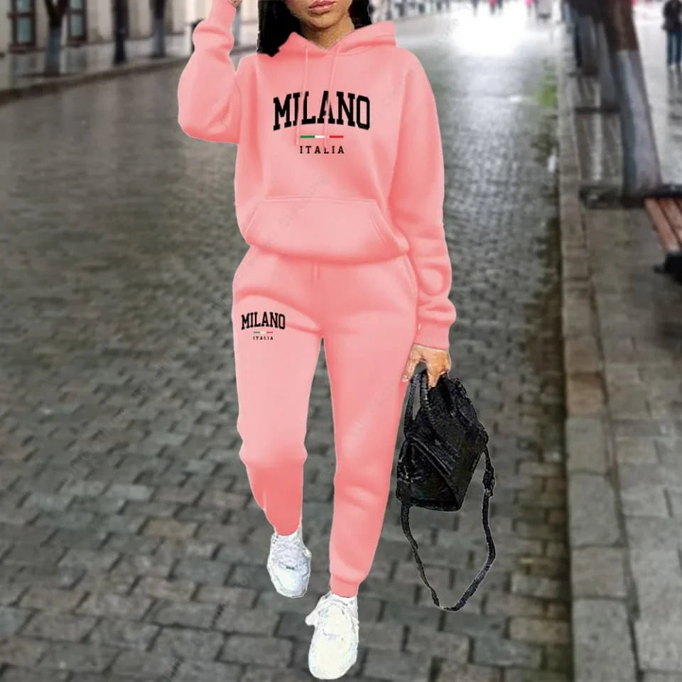 Women's Tracksuit Hoodies Pants Fall Winter Matching Set Athleisure MLANO Letter Print Fleece 2 Piece Sweatpants Set for Woman