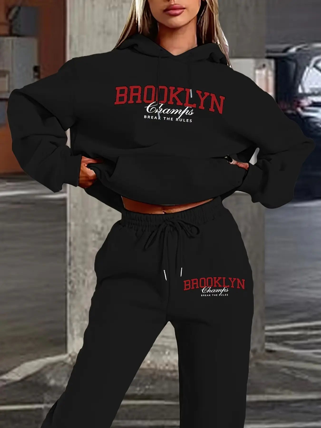 Women's Cool  Printed Casual Pants Set Long Sleeve Pocket Hoodie and Drawstring Letter Print Loose Sweatshirt Trousers Pants