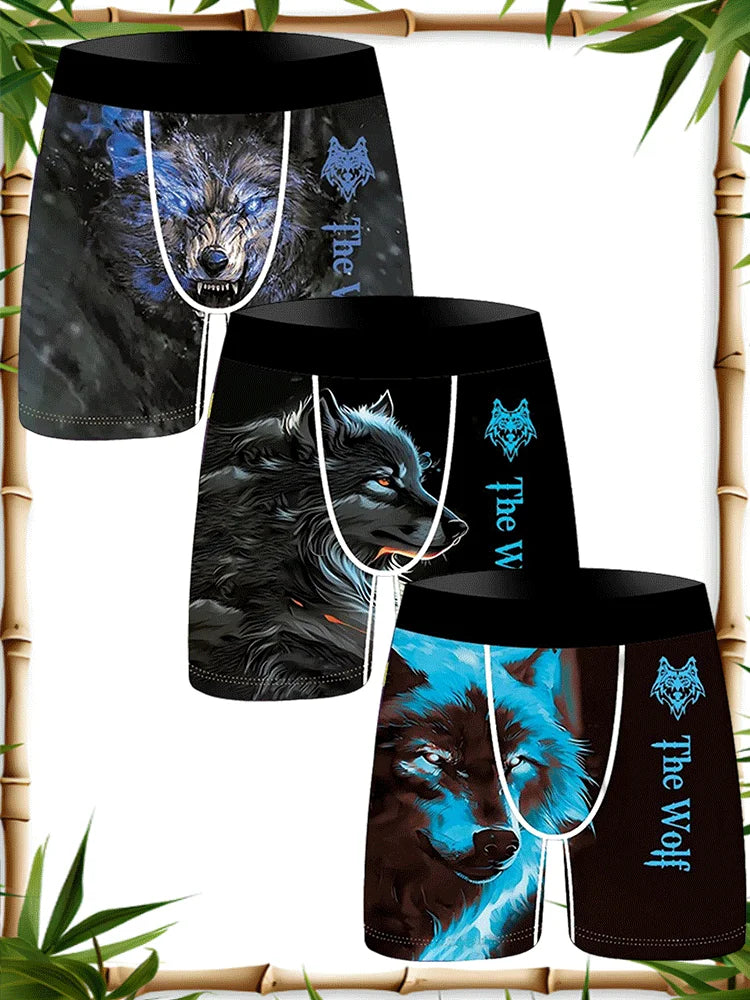 3Pcs Lion Wolf Print Men Underwear Boxers Men's Novelty Underpant Breathable Printed Male Underpants Man Boxer Briefs